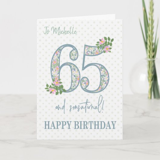 Eigen naam 65th Birthday Floral and Polkas Card Kaart (Voorkant)