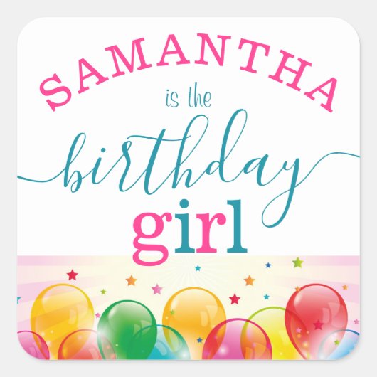 Eigen naam Birthday Girl Festive Pink/Blauwgroen Vierkante Sticker (Voorkant)