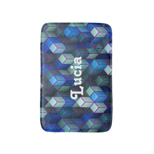 Eigen naam blauw 3D-blokpatroon Badmat (Voorkant Verticaal)