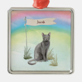 Eigen naam Blauw Russisch Kat Pet Metalen Ornament (Voorkant)