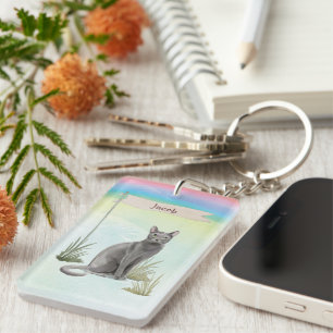 Eigen naam Blauw Russisch Kat Pet Sleutelhanger