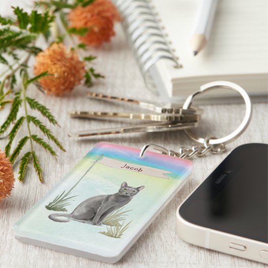 Eigen naam Blauw Russisch Kat Pet Sleutelhanger (Voorkant Rechts)