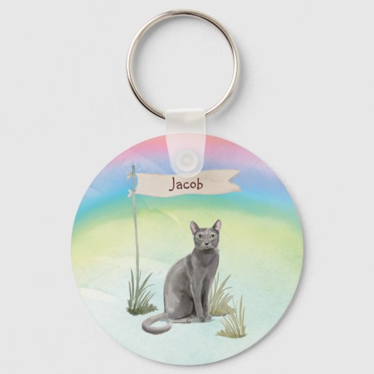 Eigen naam Blauw Russisch Kat Pet Sleutelhanger (Voorkant)
