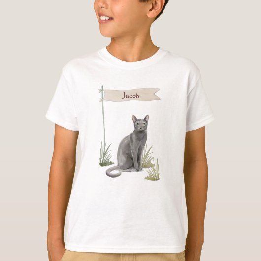 Eigen naam Blauw Russisch Kat Pet T-shirt (Voorkant)