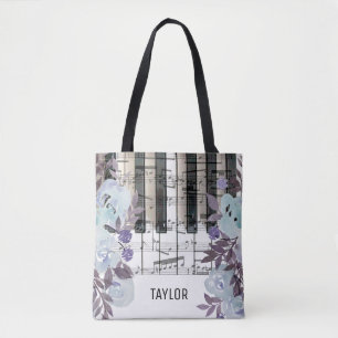 Eigen naam Blue Flowers muzieknoten Piano Tote Bag