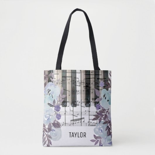 Eigen naam Blue Flowers muzieknoten Piano Tote Bag (Voorkant)