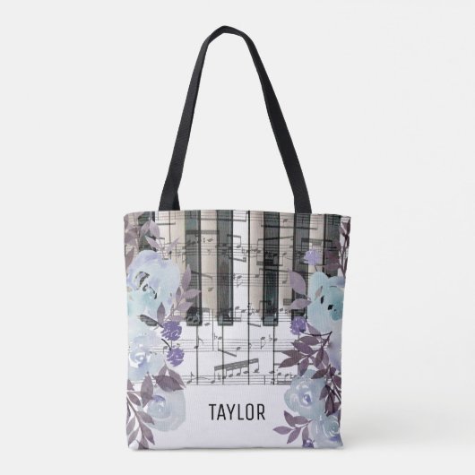 Eigen naam Blue Flowers muzieknoten Piano Tote Bag (Achterkant)