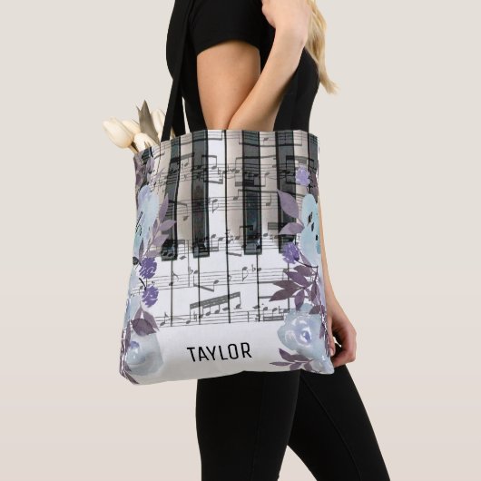 Eigen naam Blue Flowers muzieknoten Piano Tote Bag (Dichtbij)