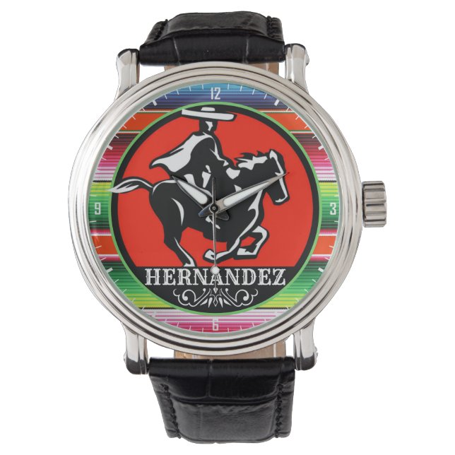 Eigen naam Charro Horse Spaanse Mexicaanse Serape Horloge (Voorkant)