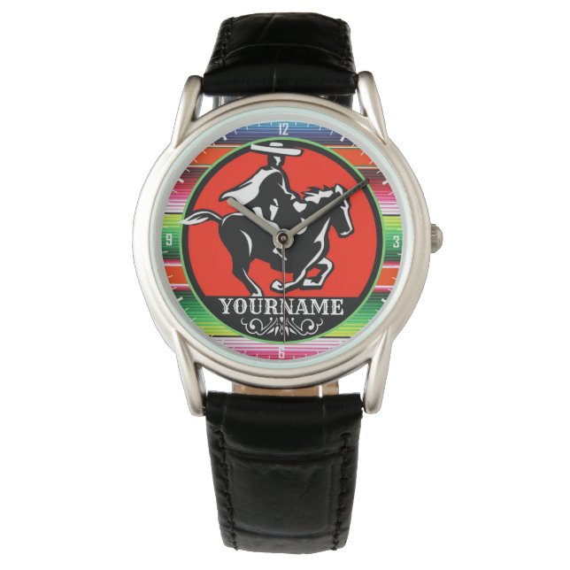 Eigen naam Charro Horse Spaanse Mexicaanse Serape Horloge (Voorkant)