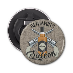 Eigen naam Cowboy Revolver Pistool Whiskey Saloon Button Flesopener