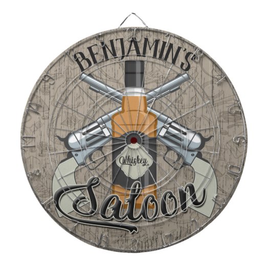 Eigen naam Cowboy Revolver Pistool Whiskey Saloon Dartbord (Voorkant)