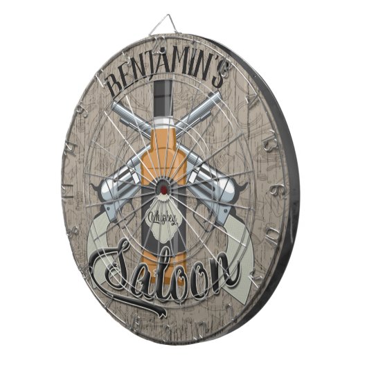 Eigen naam Cowboy Revolver Pistool Whiskey Saloon Dartbord (Voorkant Rechts)