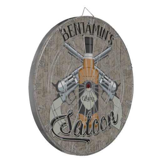Eigen naam Cowboy Revolver Pistool Whiskey Saloon Dartbord (Voorkant Links)