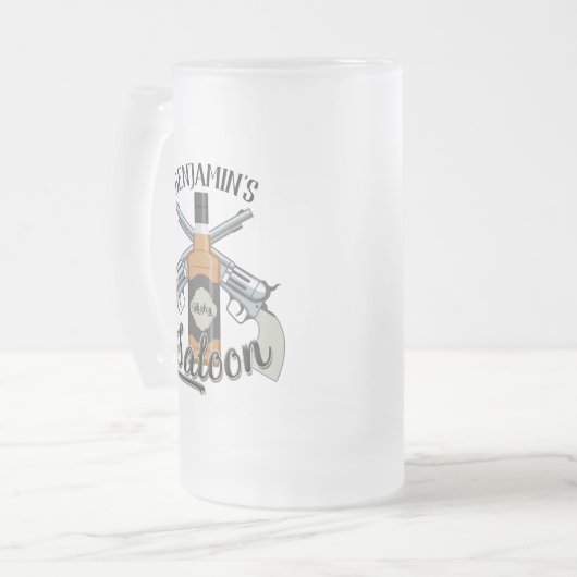 Eigen naam Cowboy Revolver Pistool Whiskey Saloon Matglas Bierpul (Voorkant links)