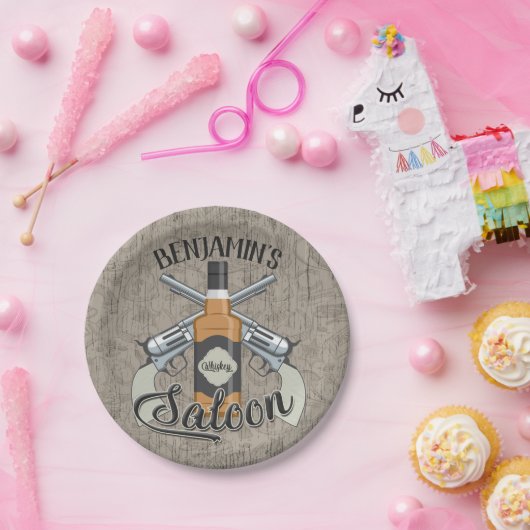 Eigen naam Cowboy Revolver Pistool Whiskey Saloon Papieren Bordje (Feest)