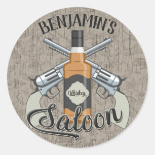 Eigen naam Cowboy Revolver Pistool Whiskey Saloon Ronde Sticker