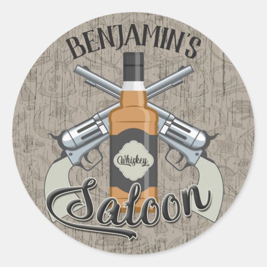 Eigen naam Cowboy Revolver Pistool Whiskey Saloon Ronde Sticker (Voorkant)