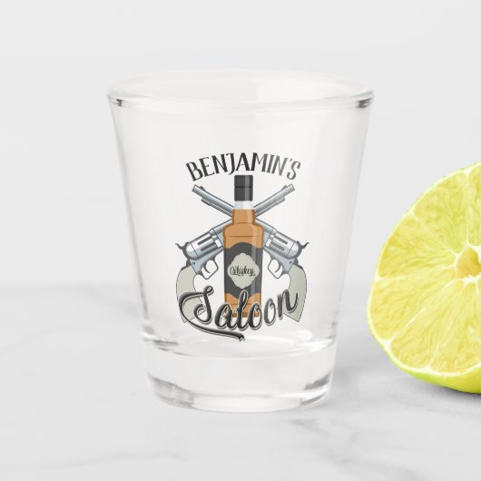 Eigen naam Cowboy Revolver Pistool Whiskey Saloon Shot Glas (Voorkant)
