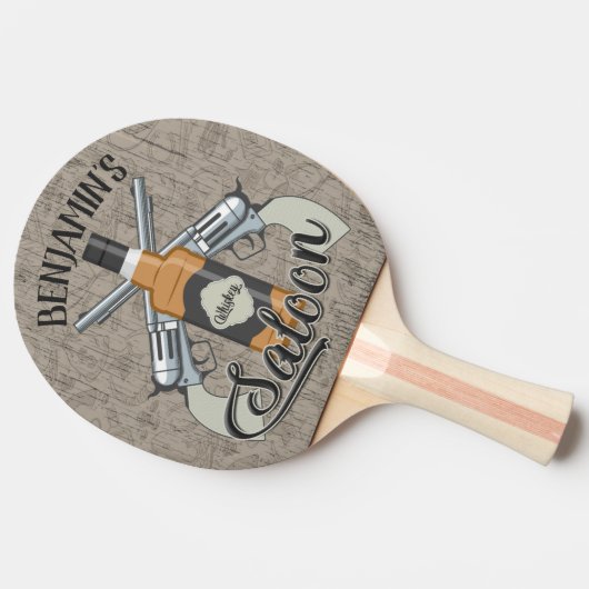 Eigen naam Cowboy Revolver Pistool Whiskey Saloon Tafeltennisbatje (Zijkant)