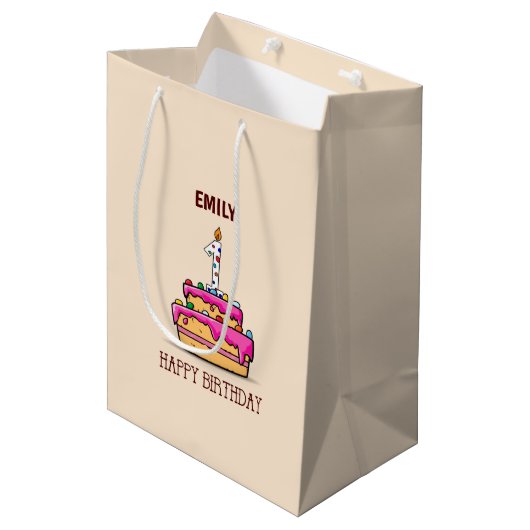 Eigen naam, eerste verjaardag, roze roze rokerrok medium cadeauzakje (Voorkant Gekanteld)