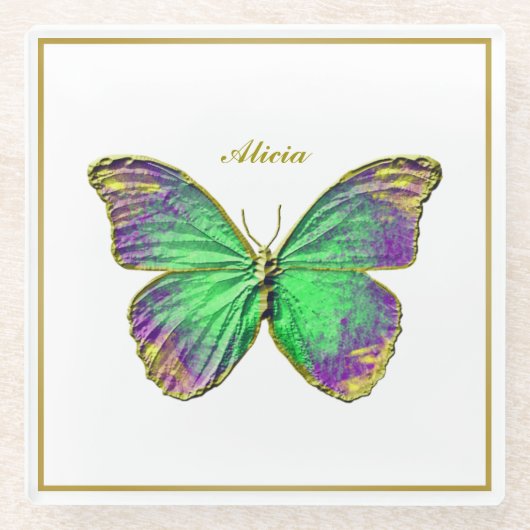 Eigen naam Emerald Butterfly Glass Onderzetter Glazen Onderzetter (Voorkant)