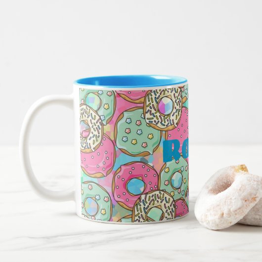 Eigen naam en kleur Stempel donuts & sprinken Tweekleurige Koffiemok (Met donut)