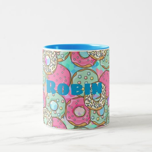 Eigen naam en kleur Stempel donuts & sprinken Tweekleurige Koffiemok (Center)