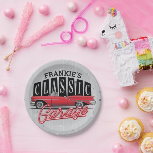 Eigen naam Faux Neon 1950 Classic Car Garage Papieren Bordje (Feest)