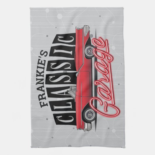 Eigen naam Faux Neon 1950 Classic Car Garage Theedoek (Verticaal)