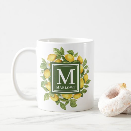 Eigen naam Geel Citrus Lemon Monogram Koffiemok (Met donut)