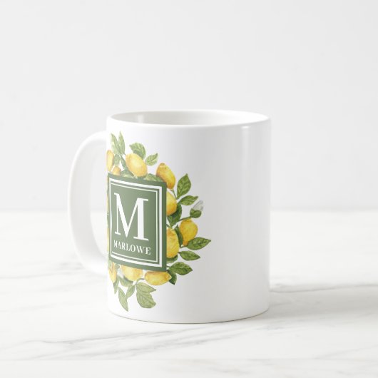 Eigen naam Geel Citrus Lemon Monogram Koffiemok (Voorkant links)