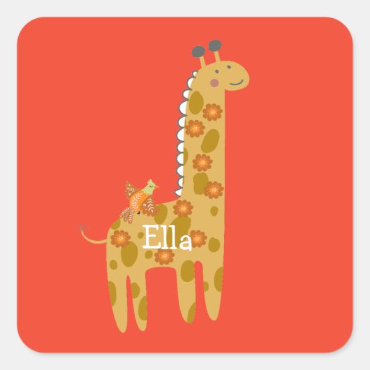 Eigen naam Giraffe Bird & Flowers Gold Sinaasappel Vierkante Sticker (Voorkant)