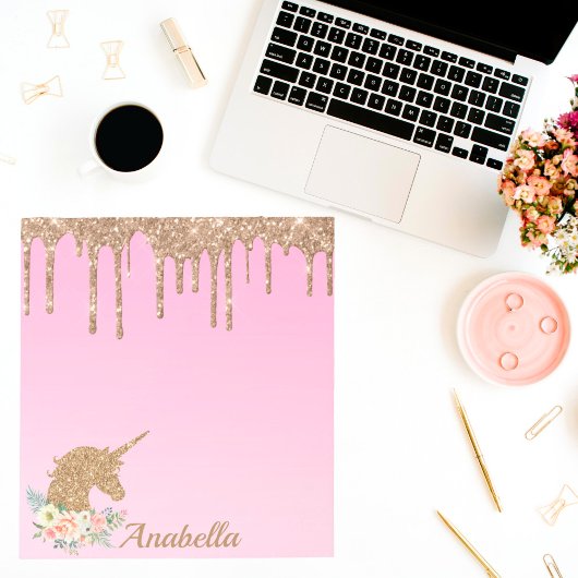 Eigen naam Gold Glitter Drift Floral Unicorn Notitieblok