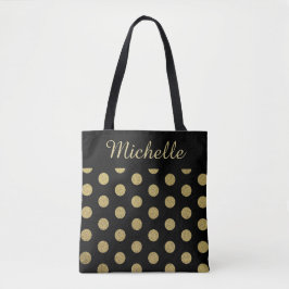 Eigen naam Gold Polka Dot Black Tote Bag