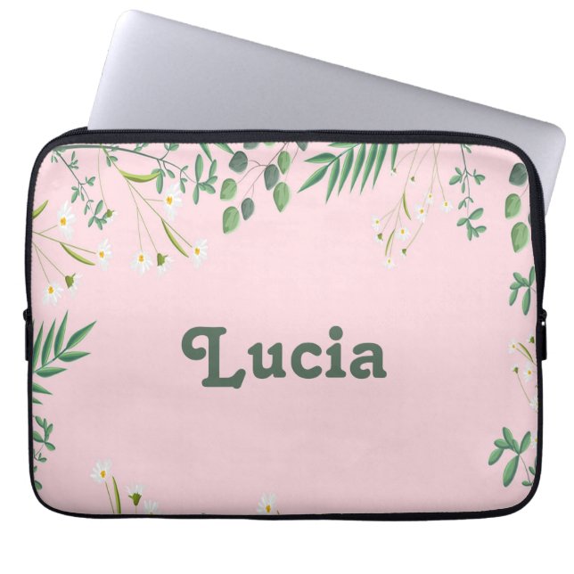Eigen naam groene bladeren op roze laptop sleeve (Voorkant)
