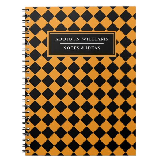 Eigen naam: Halloween Oranje Black Diamond Pattern Notitieboek (Voorkant)