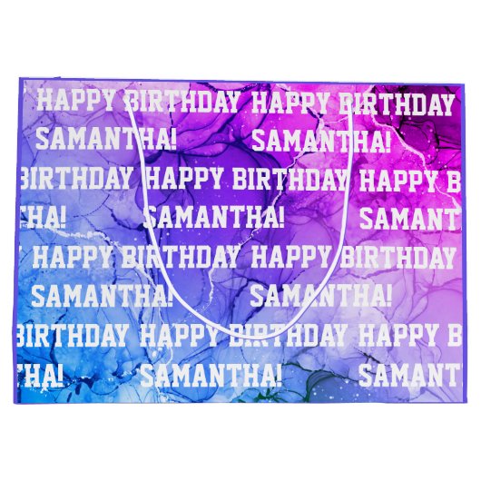 Eigen naam Happy Birthday Blue/Paars marble Groot Cadeauzakje (Achterkant)