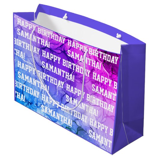 Eigen naam Happy Birthday Blue/Paars marble Groot Cadeauzakje (Achterkant Gekanteld)