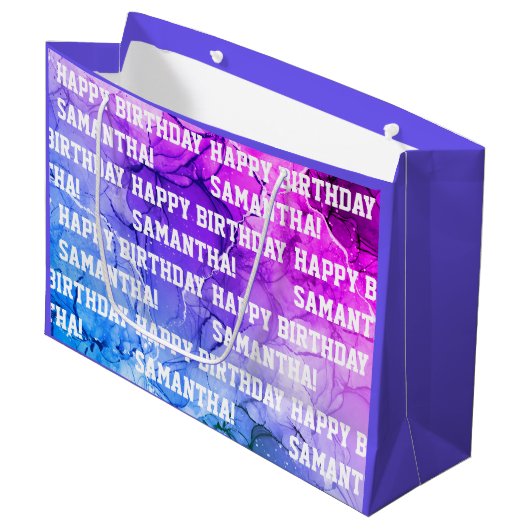 Eigen naam Happy Birthday Blue/Paars marble Groot Cadeauzakje (Voorkant Gekanteld)