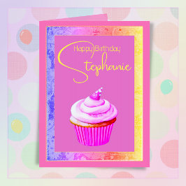 Eigen naam Happy Birthday  Roze Cupcake Kaart
