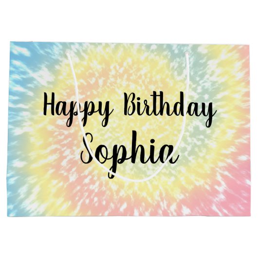 Eigen naam Happy Birthday Tie Dye Hippy Swirl Groot Cadeauzakje (Achterkant)