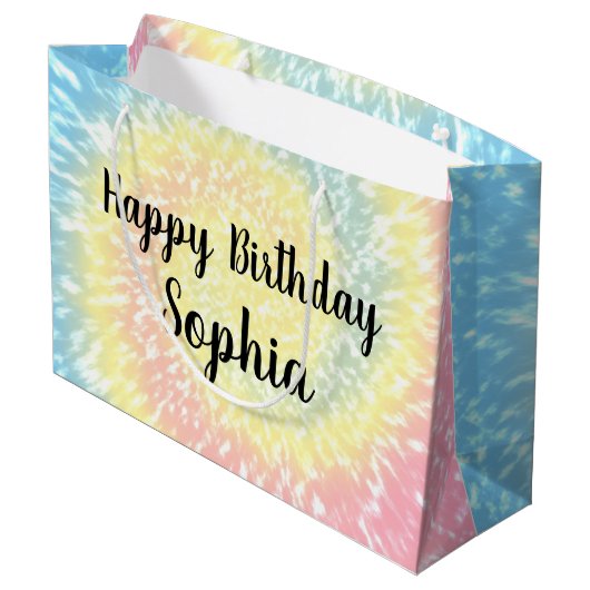 Eigen naam Happy Birthday Tie Dye Hippy Swirl Groot Cadeauzakje (Achterkant Gekanteld)