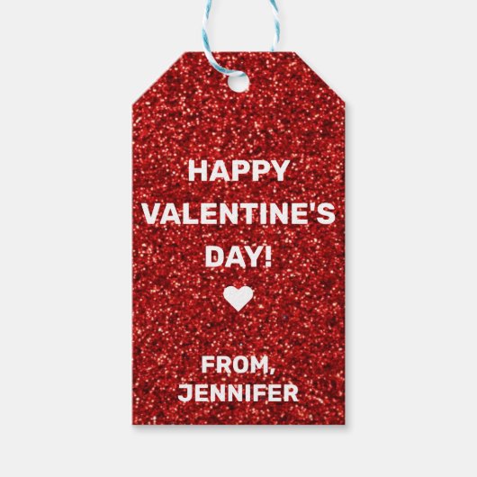 Eigen naam Happy Valentine's Day Red Glitter Cadeaulabel (Voorkant)