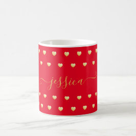 Eigen naam Heart Pattern Gold Foil op Red Koffiemok
