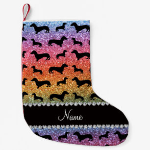 Eigen naam heldere regenbooglitter dachshunds kleine kerstsok