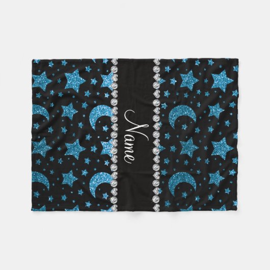 Eigen naam hemelsblauwe glittersterren en manen fleece deken (Voorkant (Horizontaal))