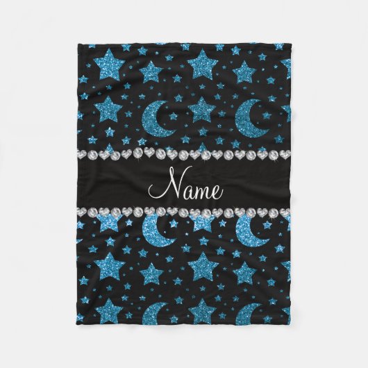 Eigen naam hemelsblauwe glittersterren en manen fleece deken (Voorkant)