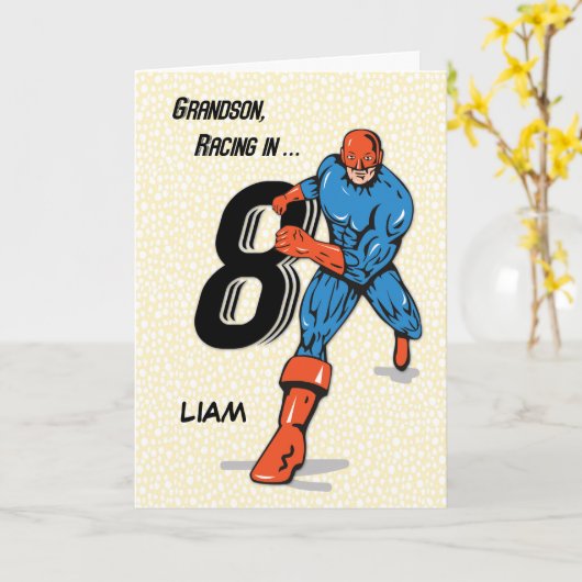 Eigen naam, kleinson 8th Birthday Superheld, Liam Kaart (Gele Bloem)