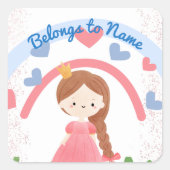 Eigen naam Koekplaat Stempel Rainbow Princess Vierkante Sticker (Voorkant)